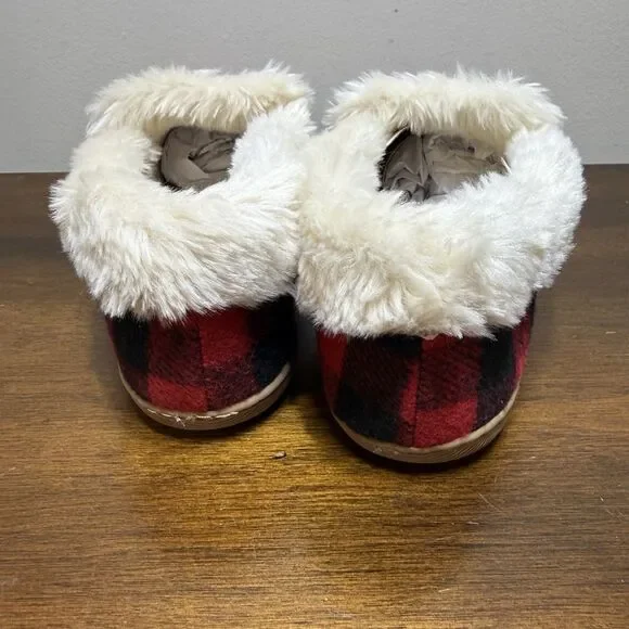 J Crew NWOT Red & Black Buffalo Plaid Faux-Shearling Moccasin Slippers Size 9 - Picture 8 of 9